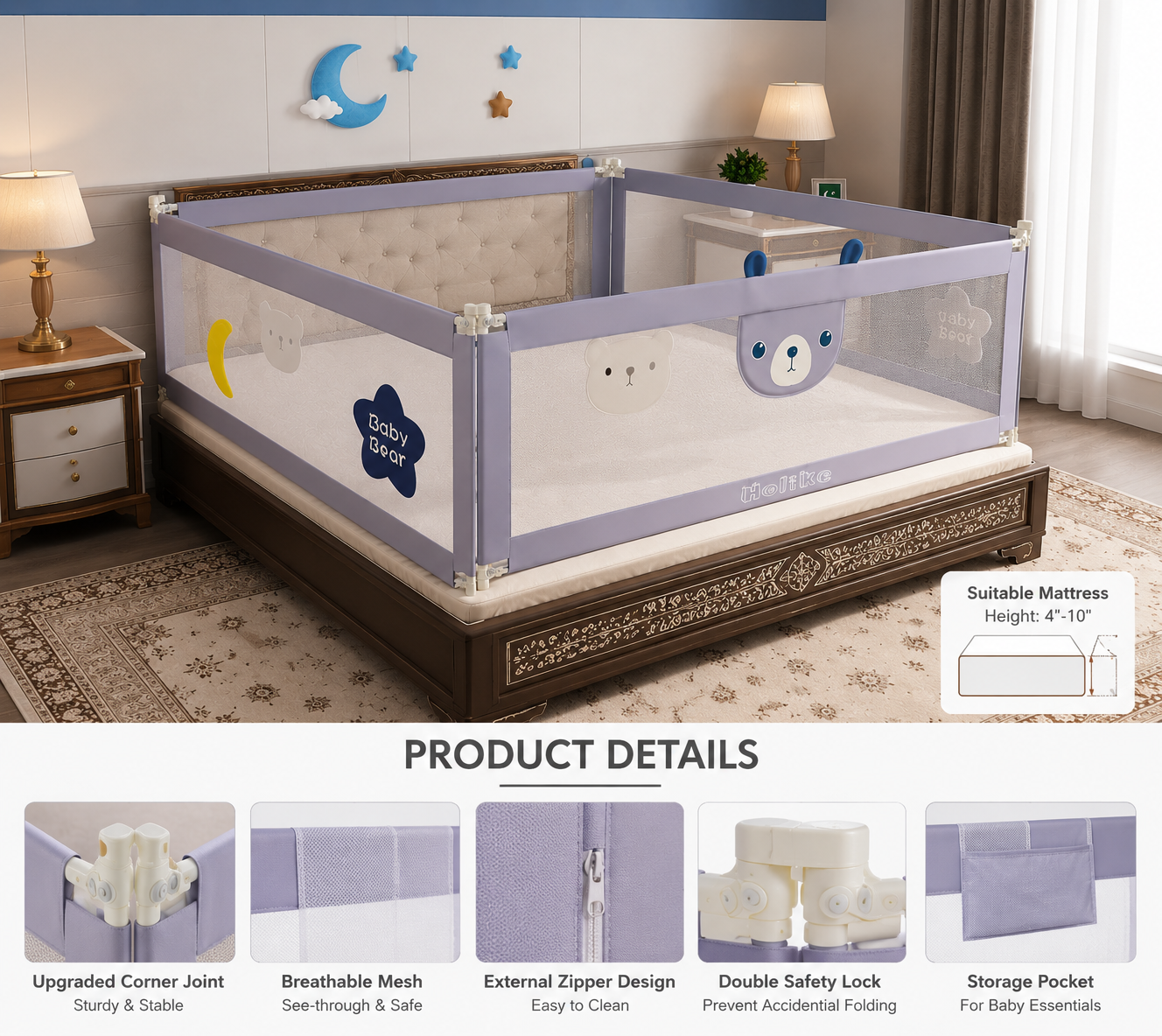 3-Side Baby Bed Rail Guard – Foldable Safety Bed Fence