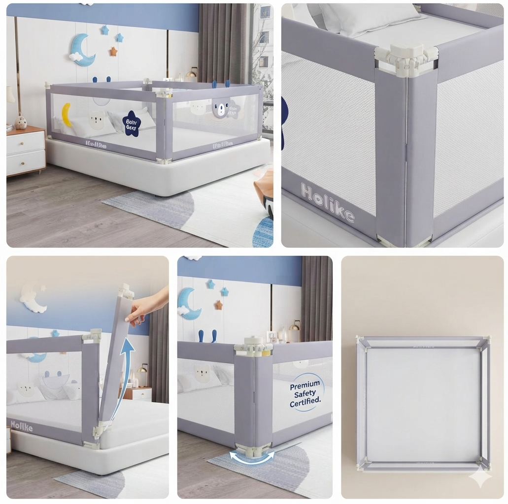 3-Side Baby Bed Rail Guard – Foldable Safety Bed Fence