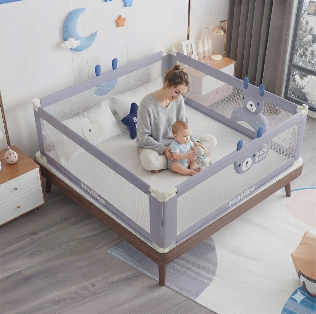 3-Side Baby Bed Rail Guard – Foldable Safety Bed Fence