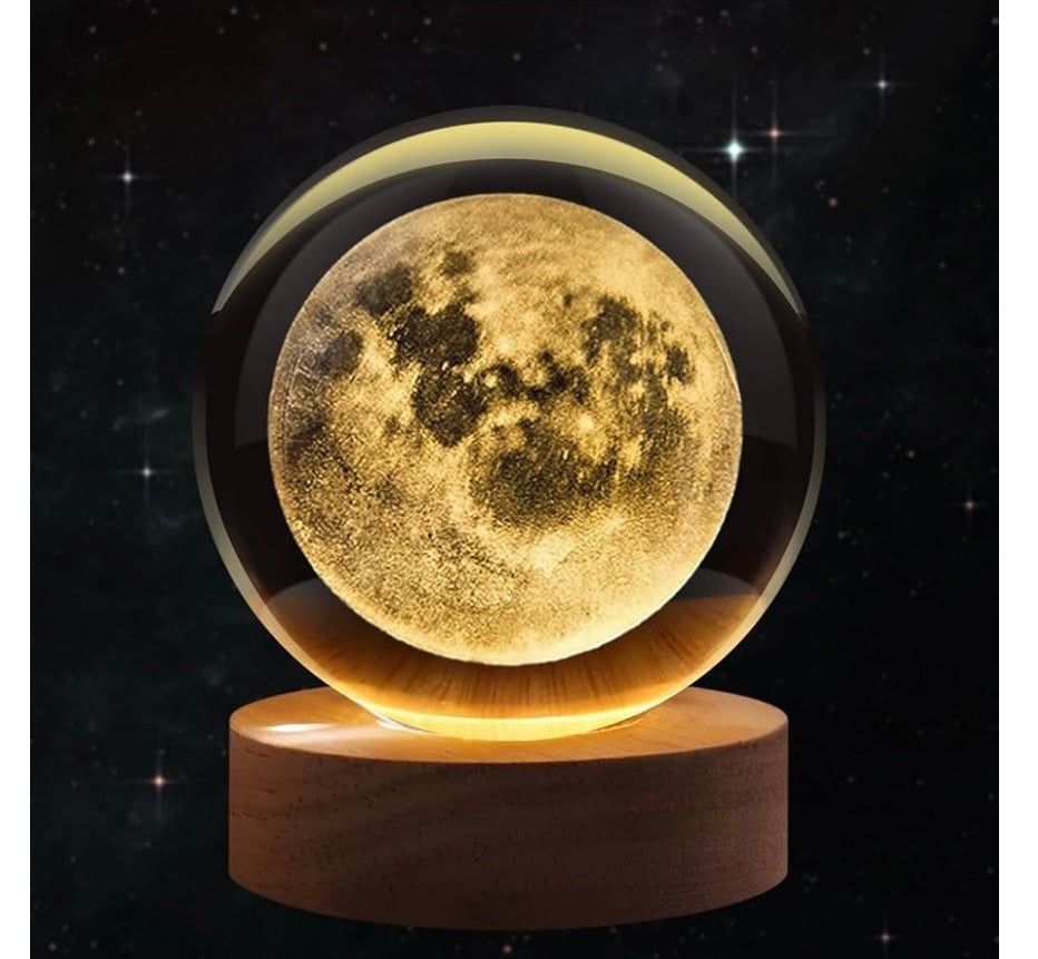 3D Crystal Moon Ball Lamp with Wooden LED Base