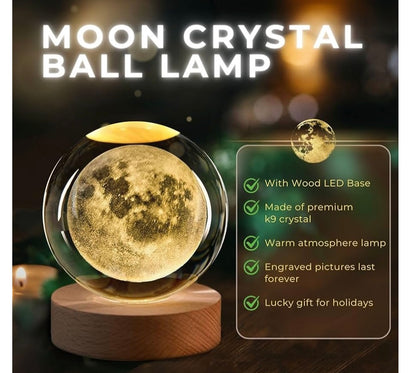 3D Crystal Moon Ball Lamp with Wooden LED Base