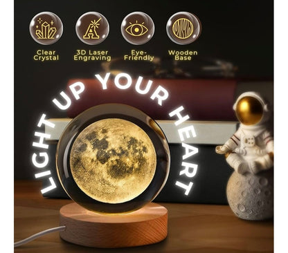 3D Crystal Moon Ball Lamp with Wooden LED Base