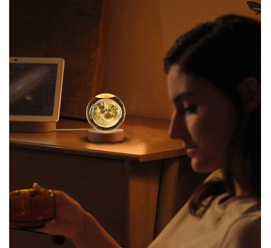 3D Crystal Moon Ball Lamp with Wooden LED Base