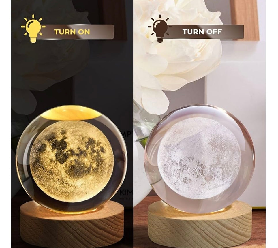 3D Crystal Moon Ball Lamp with Wooden LED Base