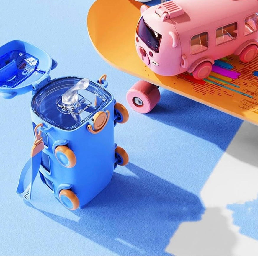 Cute Bear School Bus Water Bottle with Straw