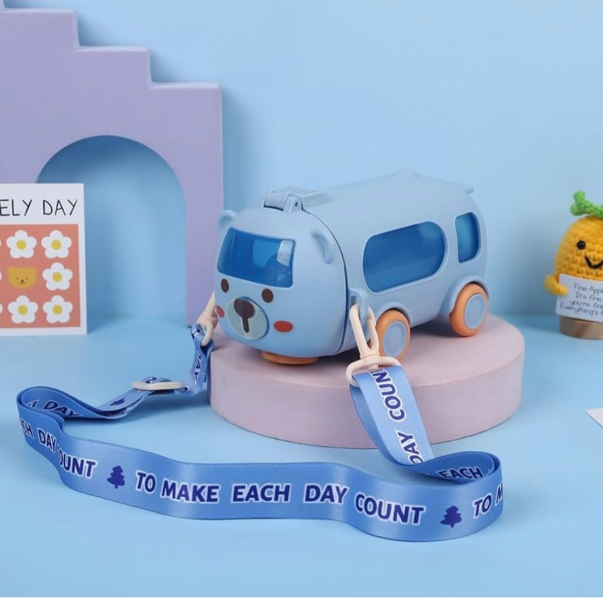 Cute Bear School Bus Water Bottle with Straw